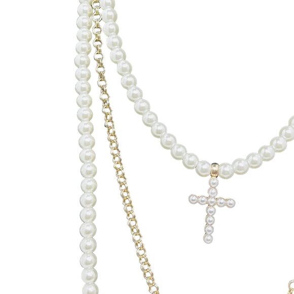 New 3 Strand Faux Pearl & Cable Chain Gold Tone Necklace With Cross Charm (5454) - Picture 2 of 8